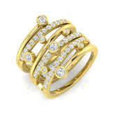 A wide multi-band diamond wave ring in 9ct yellow gold, with pavé and bezel-set diamonds, on a white background.